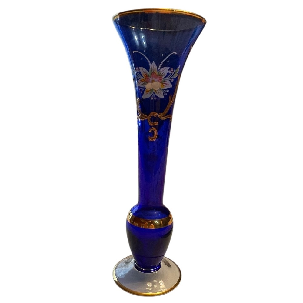 Bohemian Czech Cobalt Blue Art Glass Vase Gold Floral Trumpet 9.75" Vintage